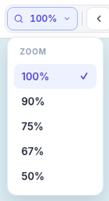 Zoom dropdown open with presets from 100% to 50%