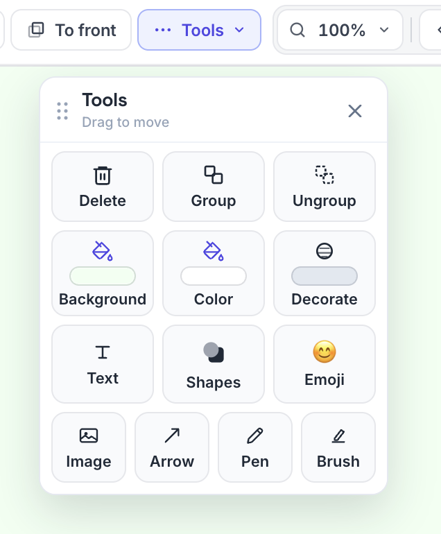 Tools navbar button open with floating Tools panel showing Delete Group Color Decorate and drawing tools