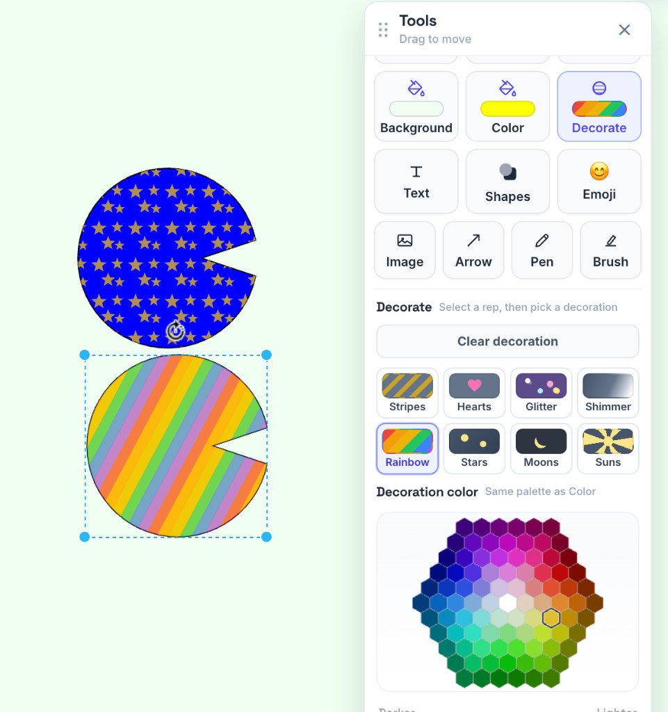 Tools Decorate open with Stars and Rainbow presets on two reps and decoration color picker