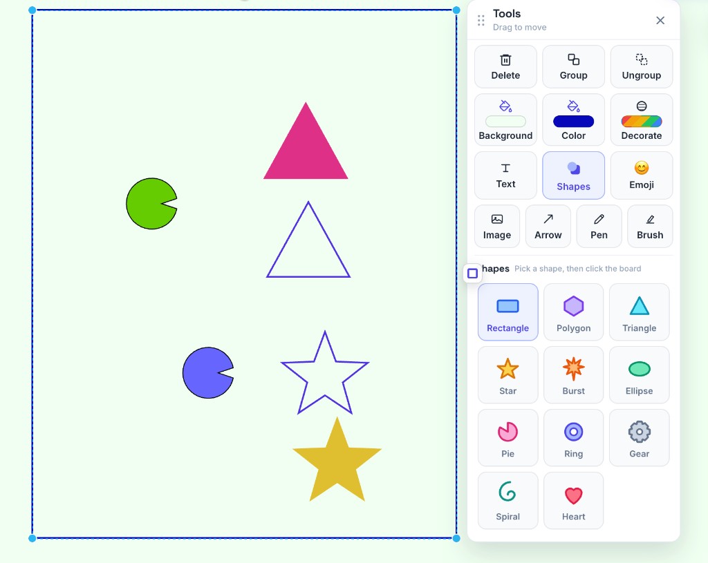 Tools Shapes open with shape catalog and several filled and outline shapes on the board